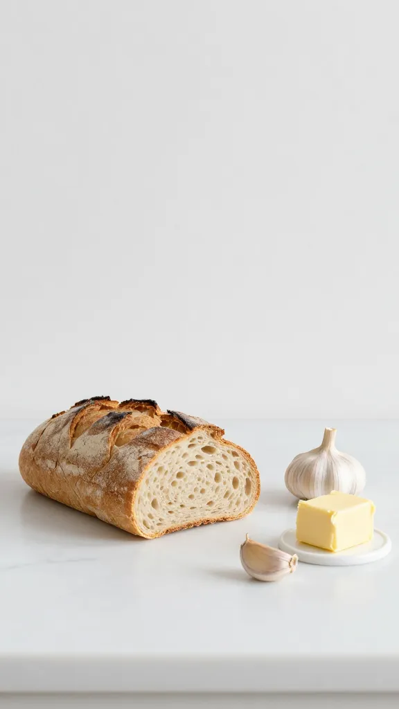 Minimalist kitchen shot: bread, garlic, butter still photos