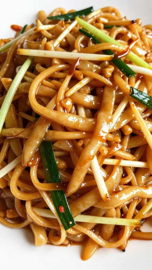 glossy tamarind-tinted Pad Thai close-up shot