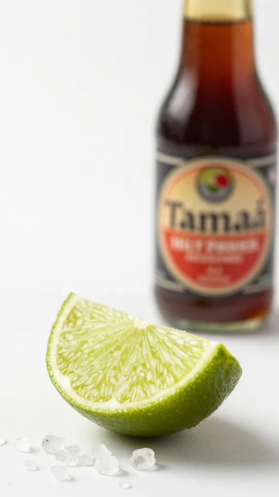 lime wedge, palm sugar crystals, tamari bottle