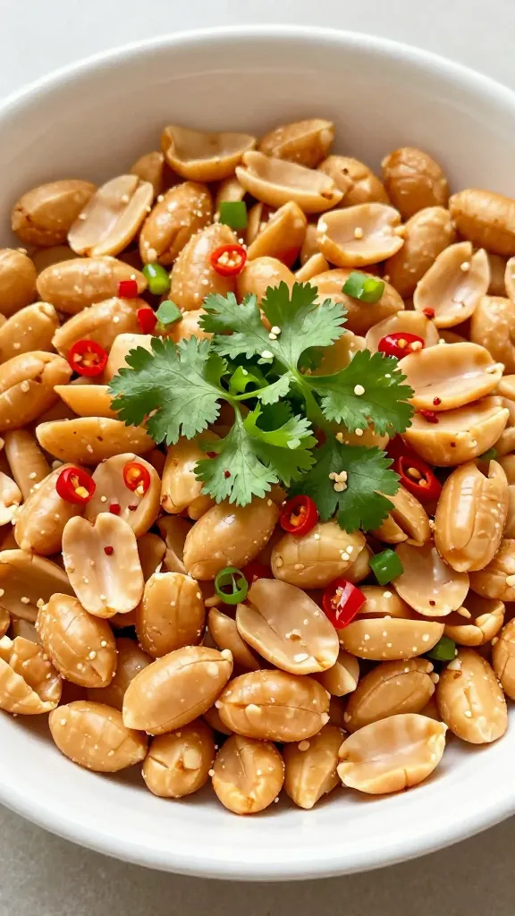 bright toppings: peanuts, chilies, cilantro garnish