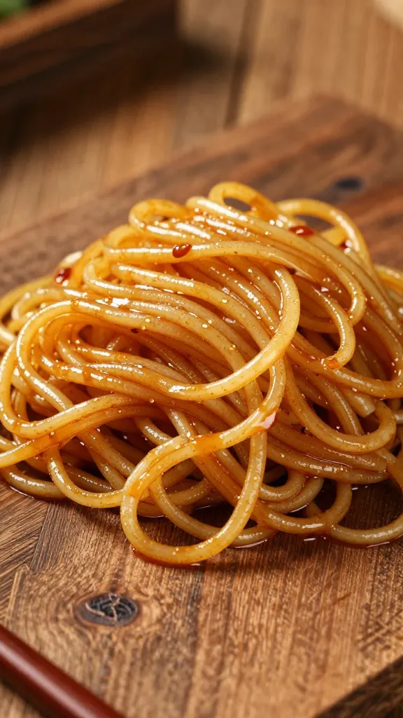 glossy noodles on rustic wooden table