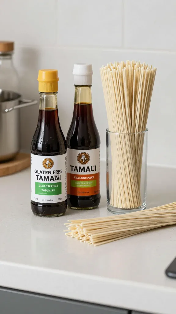 kitchen counter with gluten-free tamari and noodles