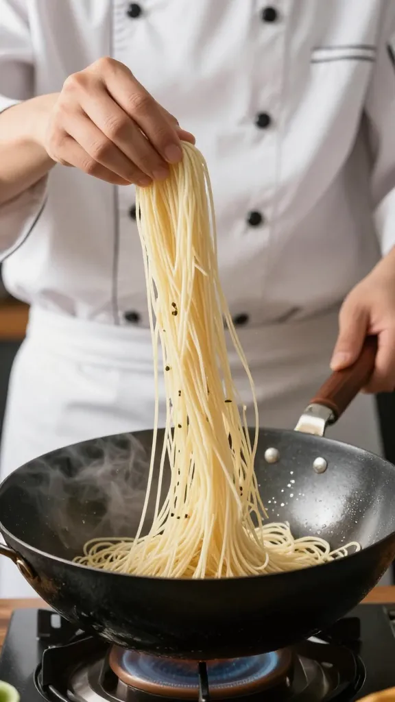 chef hands tossing noodles in wok