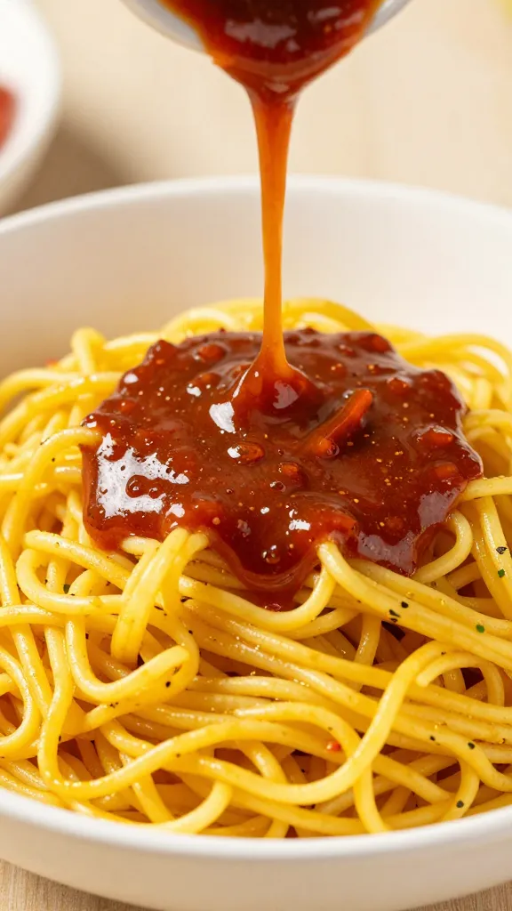 vibrant Thai-tish sauce drizzle over noodles