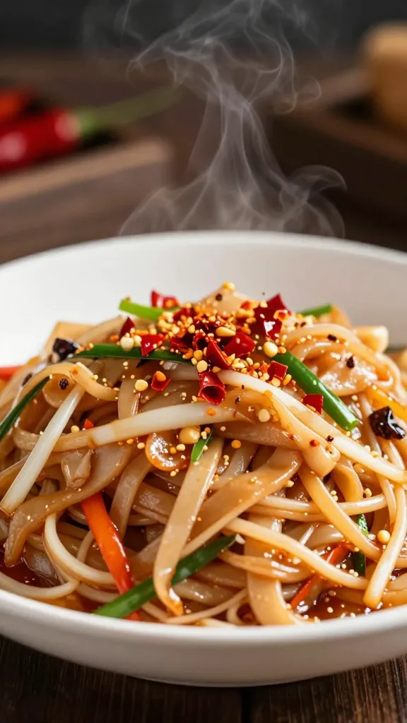 red chili flakes spark on steaming Pad Thai