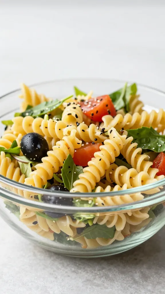 Gluten-free pasta salad in clear glass bowl