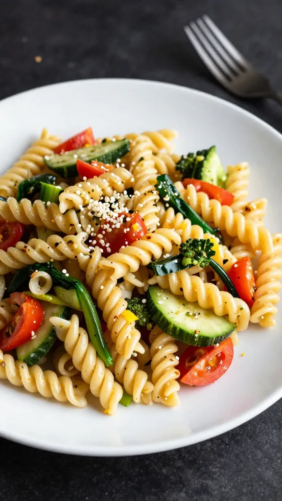 Bright veggie-packed GF pasta salad on white platter