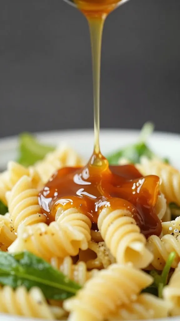 Close-up of tangy dressing drizzle over pasta salad