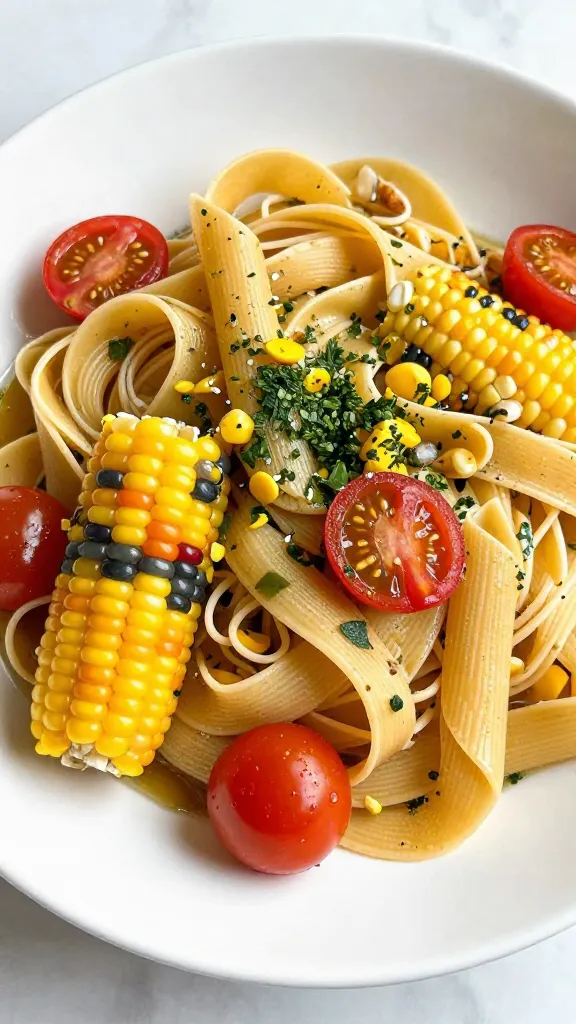 Colorful corn, cherry tomatoes, herbs in GF pasta
