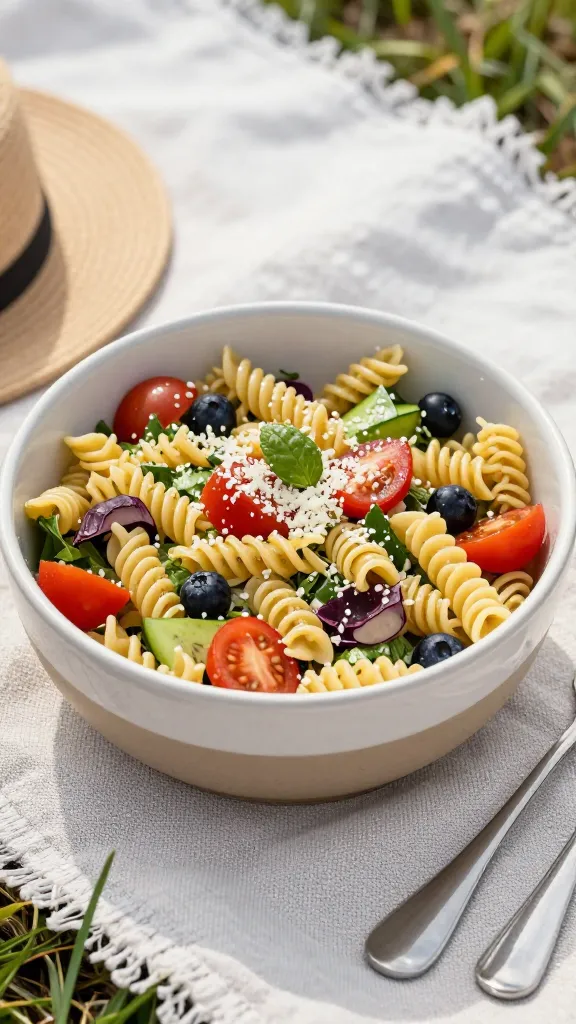 Rustic picnic setup with GF pasta salad bowl