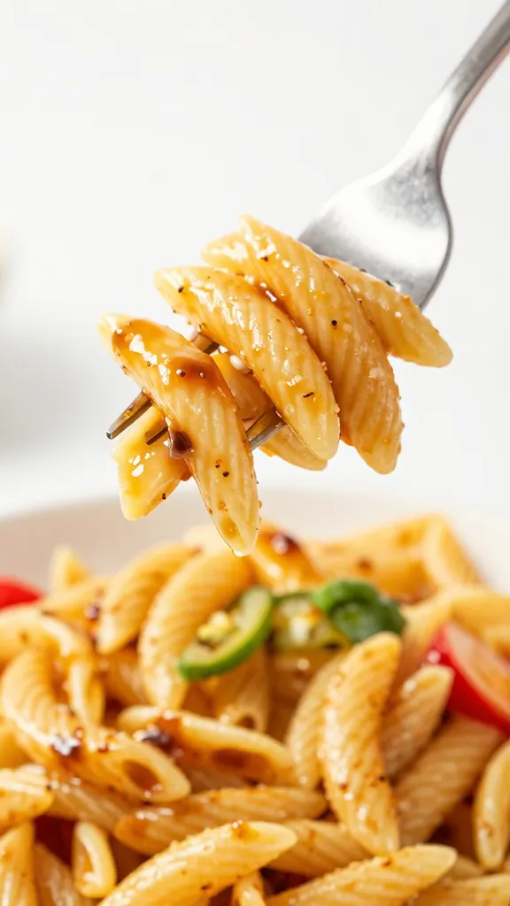 Salad fork with vibrant dressing-coated pasta