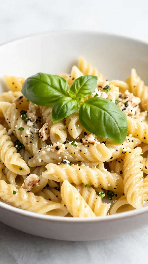 Fresh basil garnish atop GF pasta salad