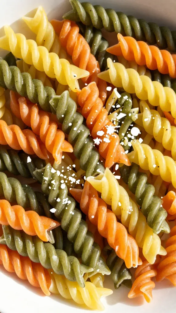 Summer sunlight glow on multi-color veggie pasta
