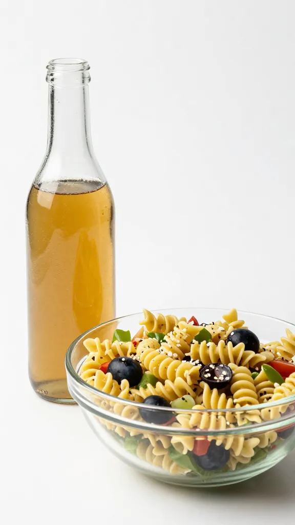 Glass bottle of dressing beside GF pasta salad bowl