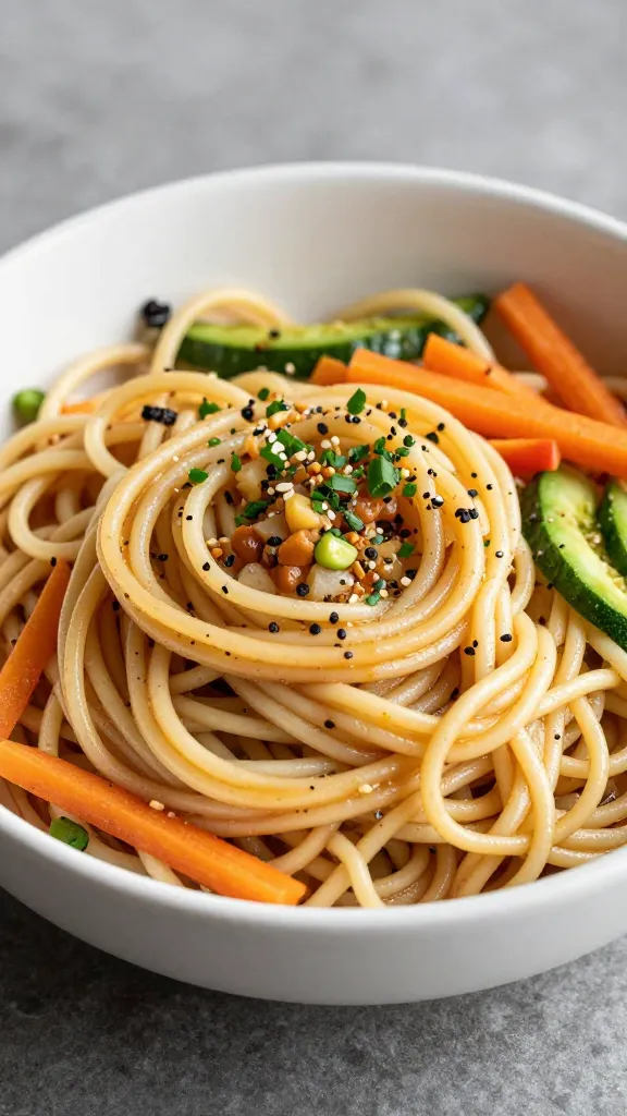 Gluten-free noodle salad bowl with colorful veggies