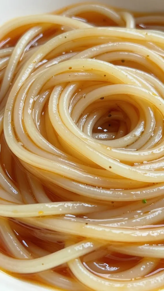 Close-up of cold noodle salad dressing swirls
