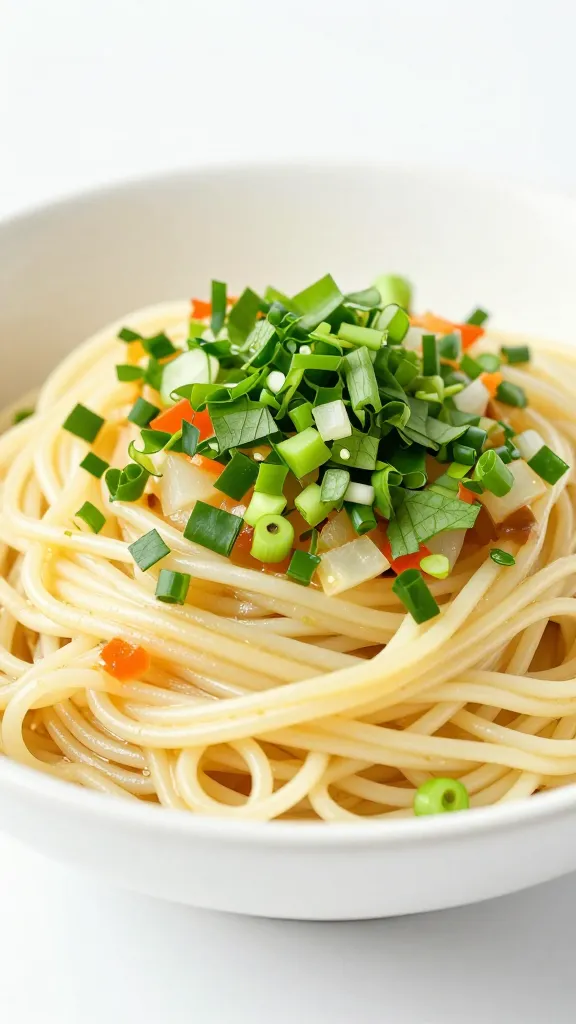 Fresh herbs and chopped vegetables over noodles, bright light