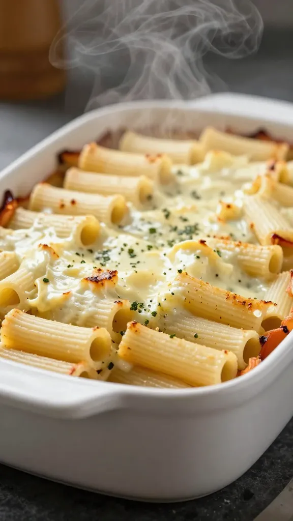 Gluten-free baked ziti in casserole dish, steam rising