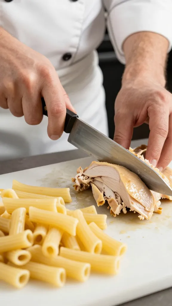 Chef slicing cooked chicken beside gluten-free ziti