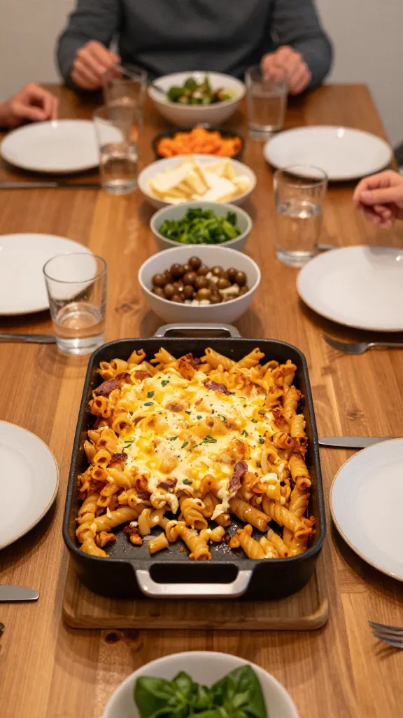 Family dinner scene with ziti casserole and bowls on table
