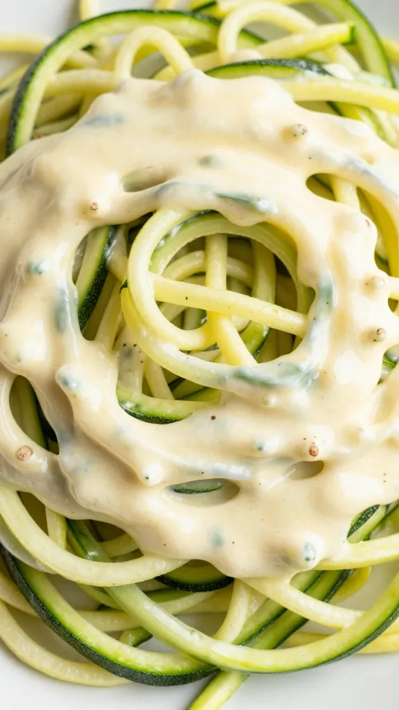 zucchini noodles with light Alfredo sauce close-up