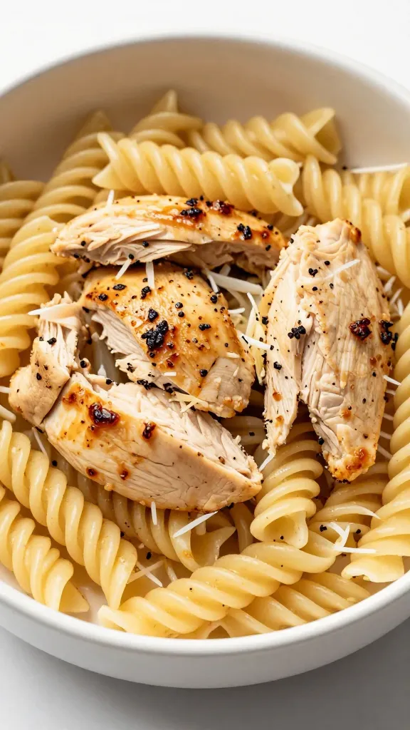 lean chicken pieces with gluten-free pasta bowl