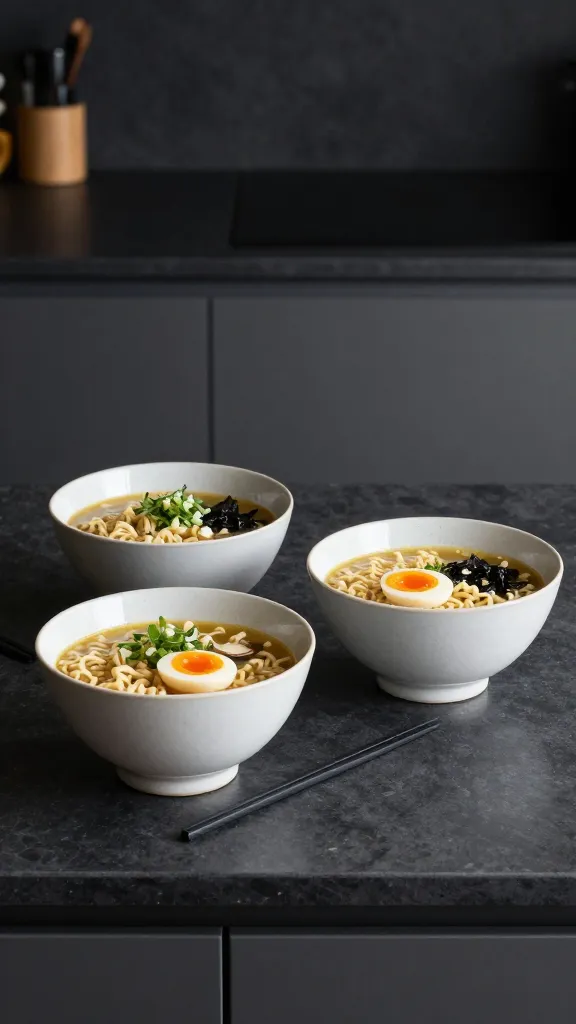gluten-free ramen bowl set on dark, minimalist kitchen