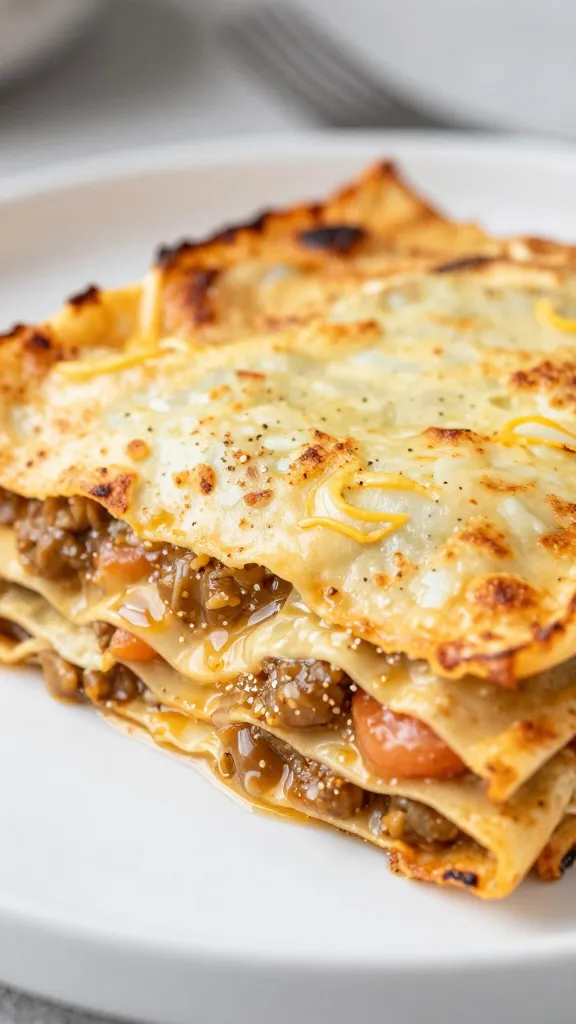 gluten-free lasagna stack plated, high-protein filling close-up