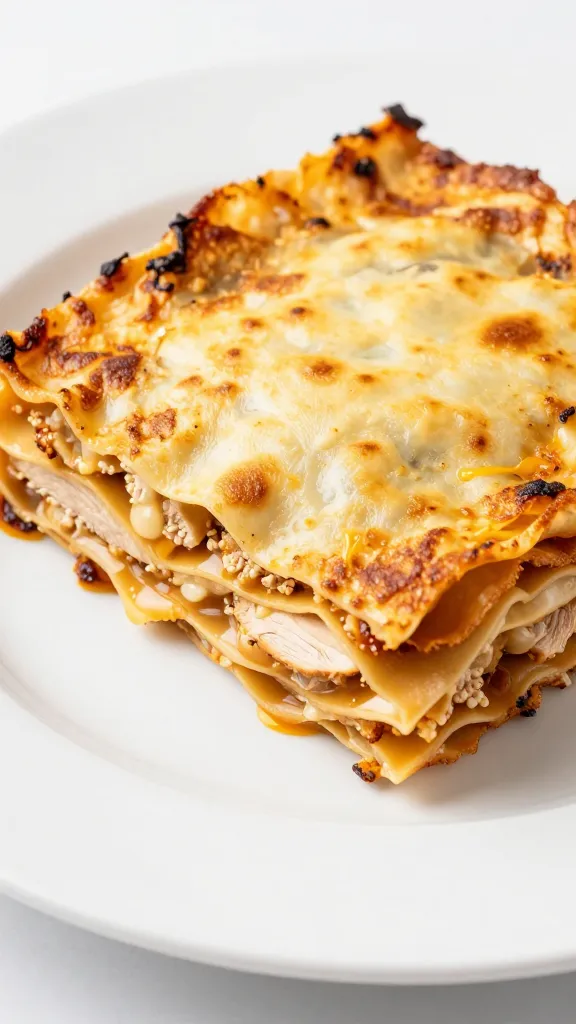lean turkey lasagna slices on white plate, al dente sheets