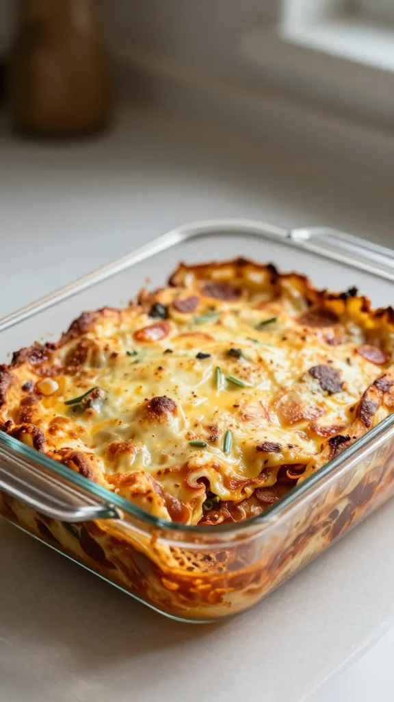 cozy kitchen scene, gluten-free lasagna bake in glass dish
