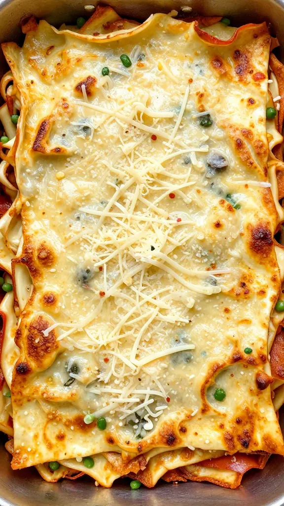 top-down shot of veggie-packed lasagna layers with light cheese garnish