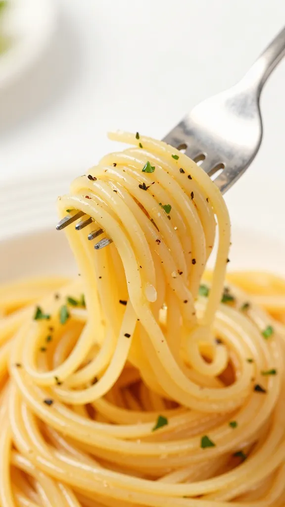 close-up of fork twirling gluten-free spaghetti, herbs garnish