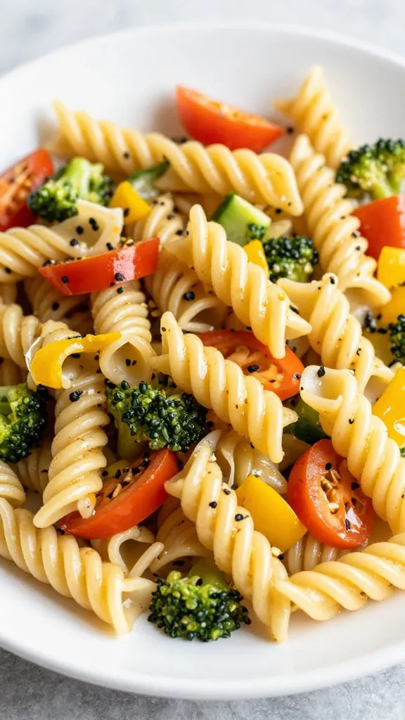 High-protein pasta salad with colorful veggies close-up plate