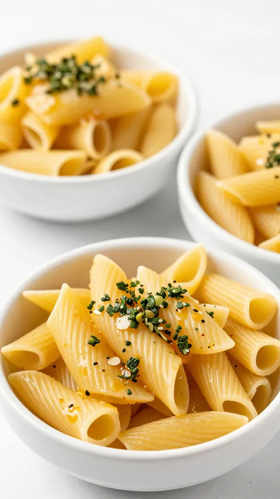Al dente gluten-free pasta with tangy dressing in bowls