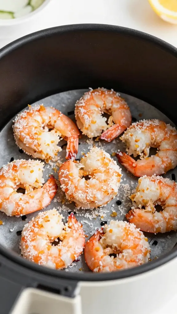 Air fryer shrimp close-up, crackly coconut crust, bright kitchen