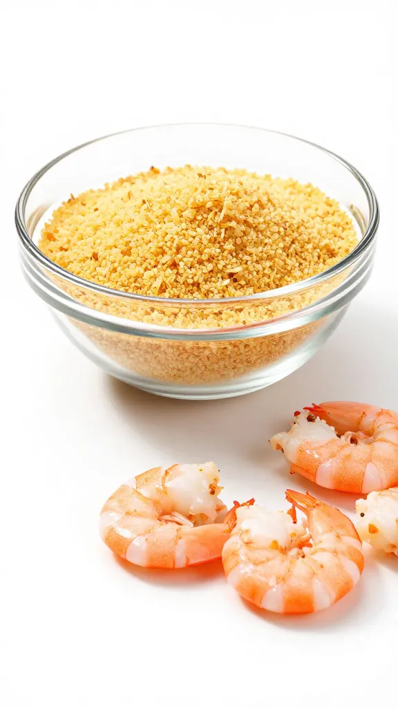 Glass bowl of gluten-free breadcrumbs and raw shrimp prep, studio light