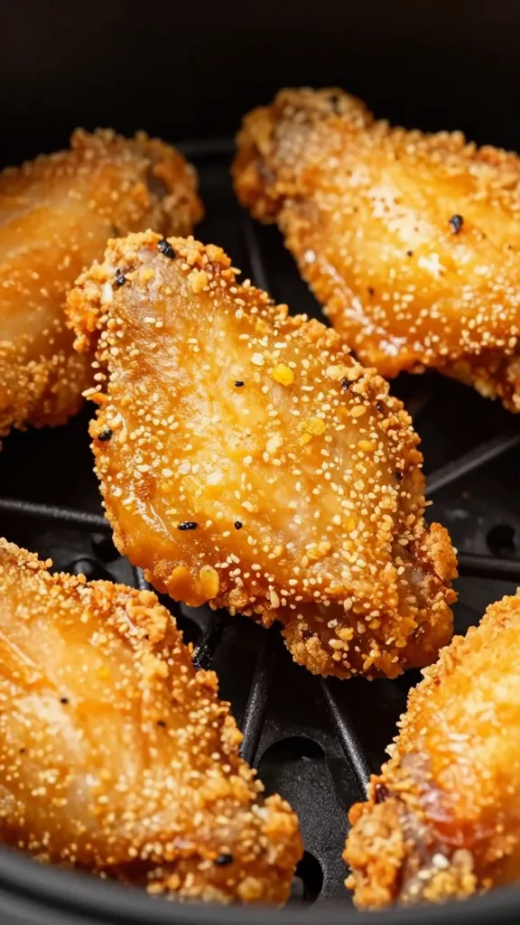 Gluten-free air fryer fried chicken wing close-up, crispy crust