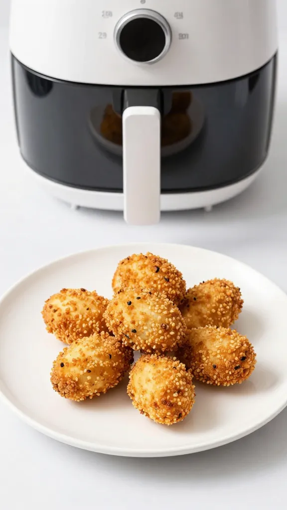 Air fryer with crispy gluten-free coating, minimalist white plate