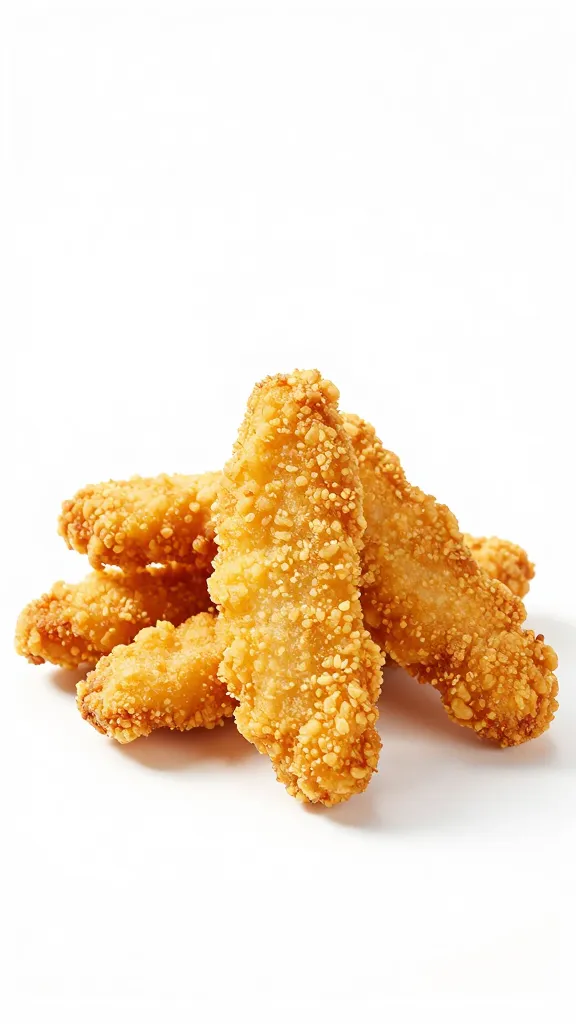 plated crispy gluten-free chicken tenders, studio lighting, clean backdrop