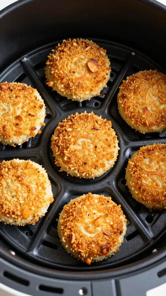 gluten-free crab cakes in air fryer basket, golden crust