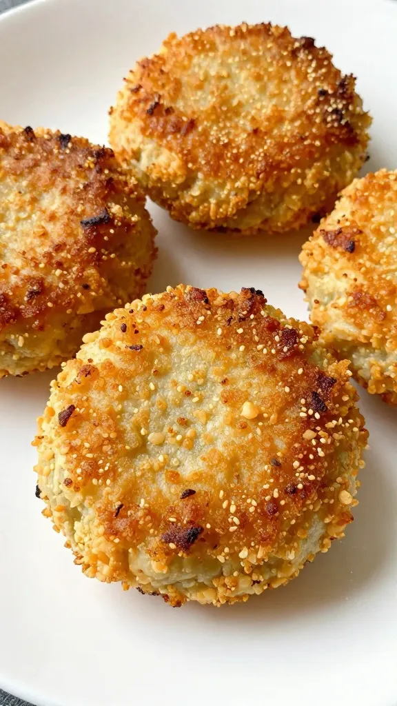 close-up: crispy GF crab cakes on white plate