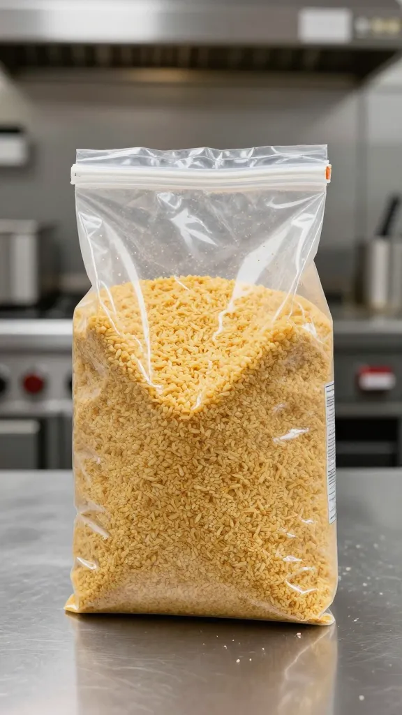 professional kitchen setting, prep scene with GF breadcrumbs bag