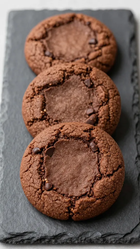 Gluten-free vegan double chocolate cookies on slate