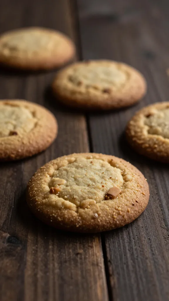 Close-up of cookies on rustic wooden table, moody lighting