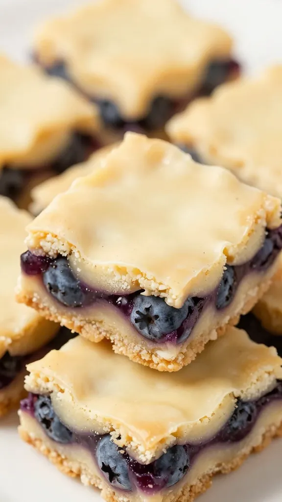 close-up of star-dusted crumble bars, blueberries visible