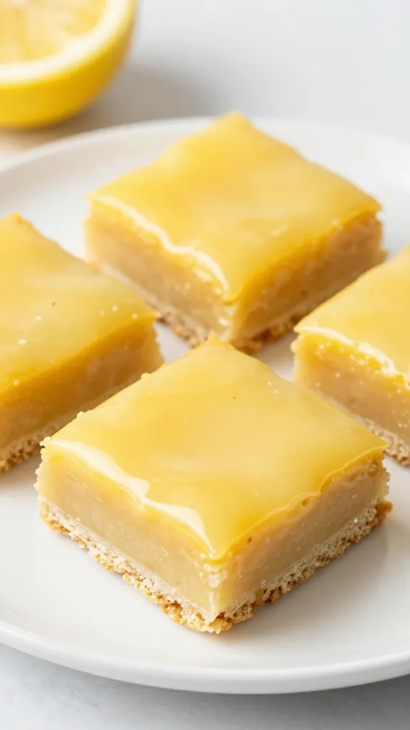 gluten-free vegan lemon bars on white plate, glossy filling