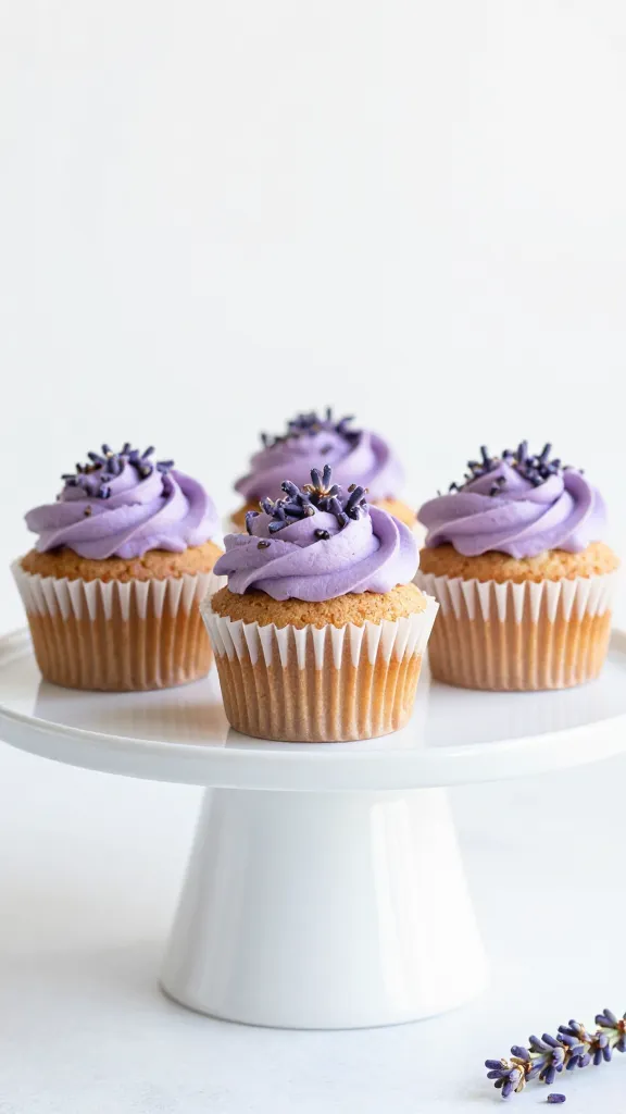 Gluten-free lavender cupcakes on a white pedestal