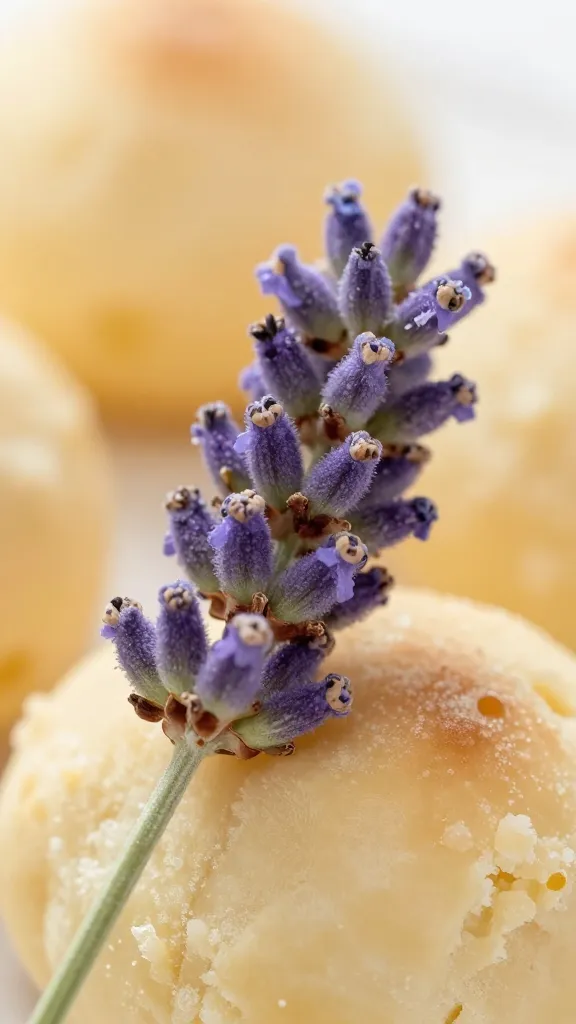 Close-up: lavender sprig, doughy crumb, soft focus