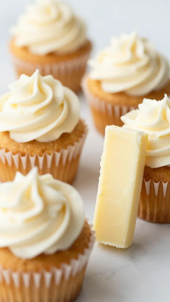 Dairy-free butter stick beside frosted cupcakes