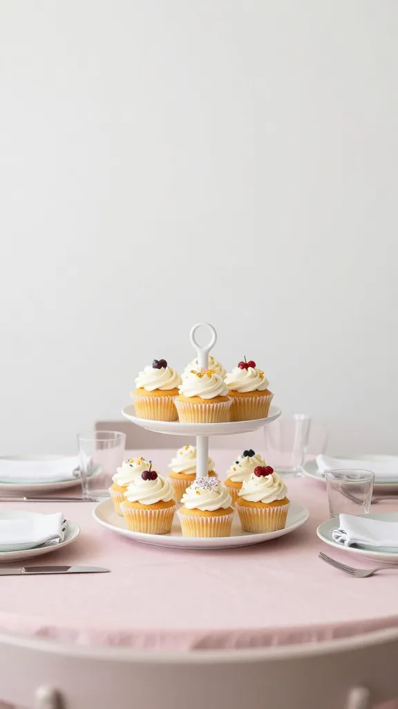 Brunch setting with pastel table, cupcakes centerpiece, minimal decor